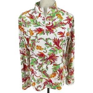 ICIKULS Womens Floral Print Quarter Zip‎ Long Sleeve Golf Top Size L Mesh Trim